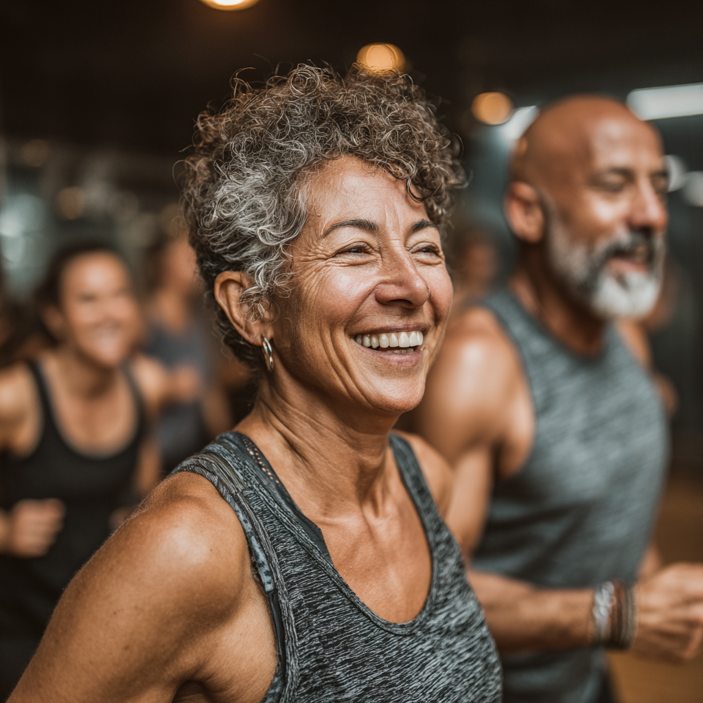 Diverse group of active adults aged 40-55 participating in an energetic group fitness class, showing people of different fitness levels exercising together in a supportive community atmosphere